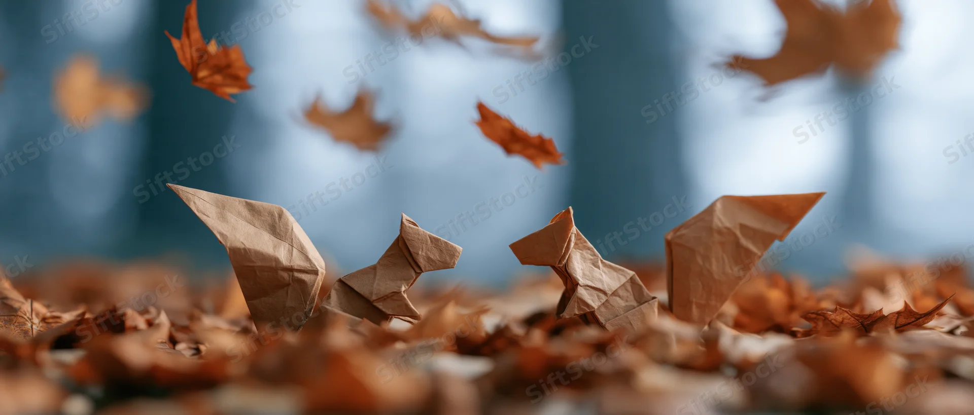 Origami squirrels among fallen autumn leaves in a forest setting