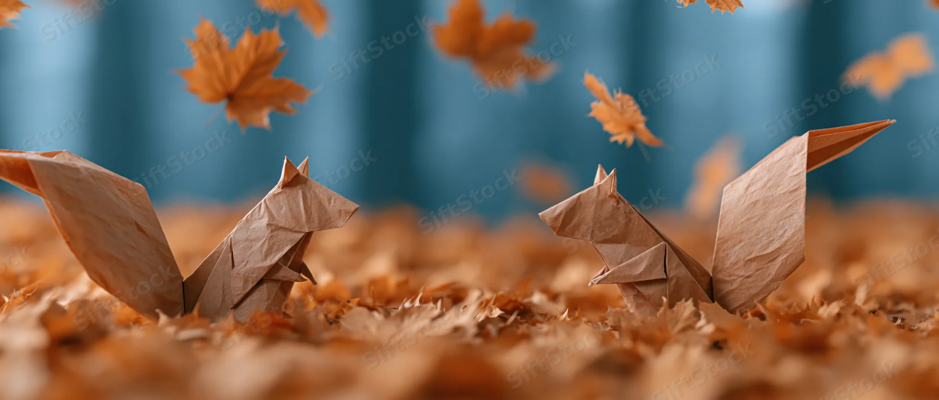 Two brown paper origami squirrels sitting among fallen maple leaves on a forest floor