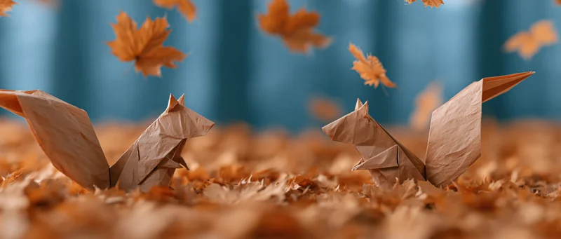 Two brown paper origami squirrels sitting among fallen maple leaves on a forest floor