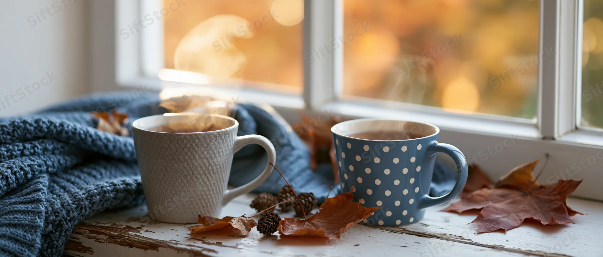 Two steaming ceramic mugs of tea on a windowsill with autumn leaves and a knitted sweater beside a window