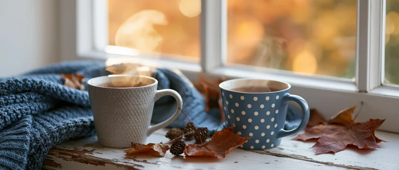 Two steaming ceramic mugs of tea on a windowsill with autumn leaves and a knitted sweater beside a window