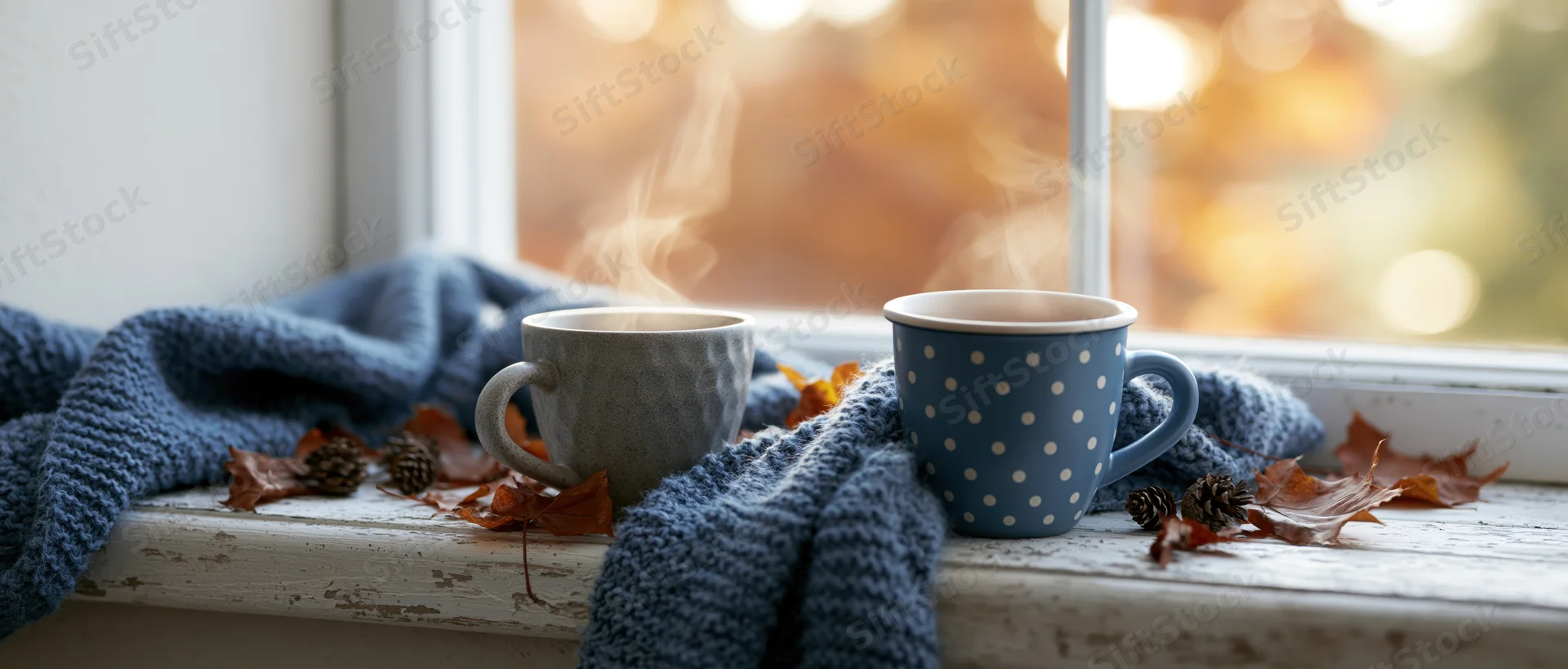 Two steaming ceramic mugs on a windowsill with autumn leaves and a knitted sweater, surrounded by pinecones and warm light