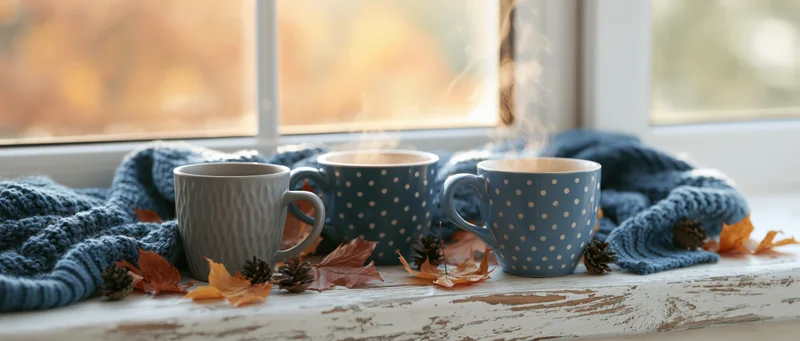 Steaming ceramic mugs of tea on a weathered wooden windowsill with autumn leaves and a blue knitted scarf