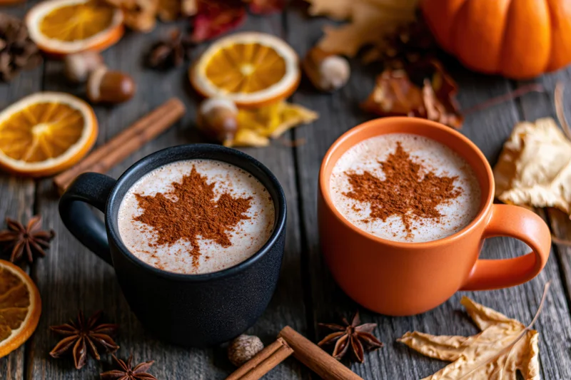 Two ceramic mugs with frothy coffee topped with cinnamon maple leaf design on wooden table surrounded by autumn decorations