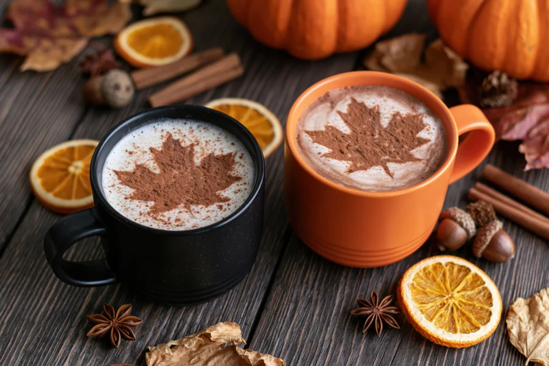 Two ceramic mugs with frothy cocoa and maple leaf dusting on a wooden table surrounded by pumpkins, dried oranges, cinnamon sticks, and acorns