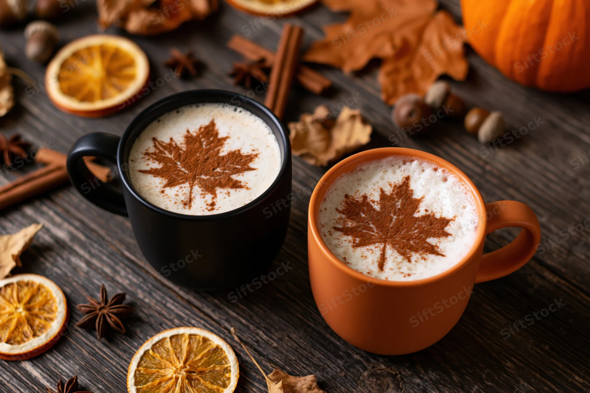 Two ceramic mugs with frothy coffee topped with cinnamon maple leaf design on wooden table surrounded by autumn decorations