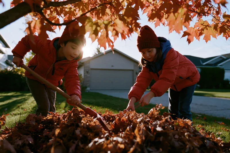 Two children raking fallen leaves in a suburban yard