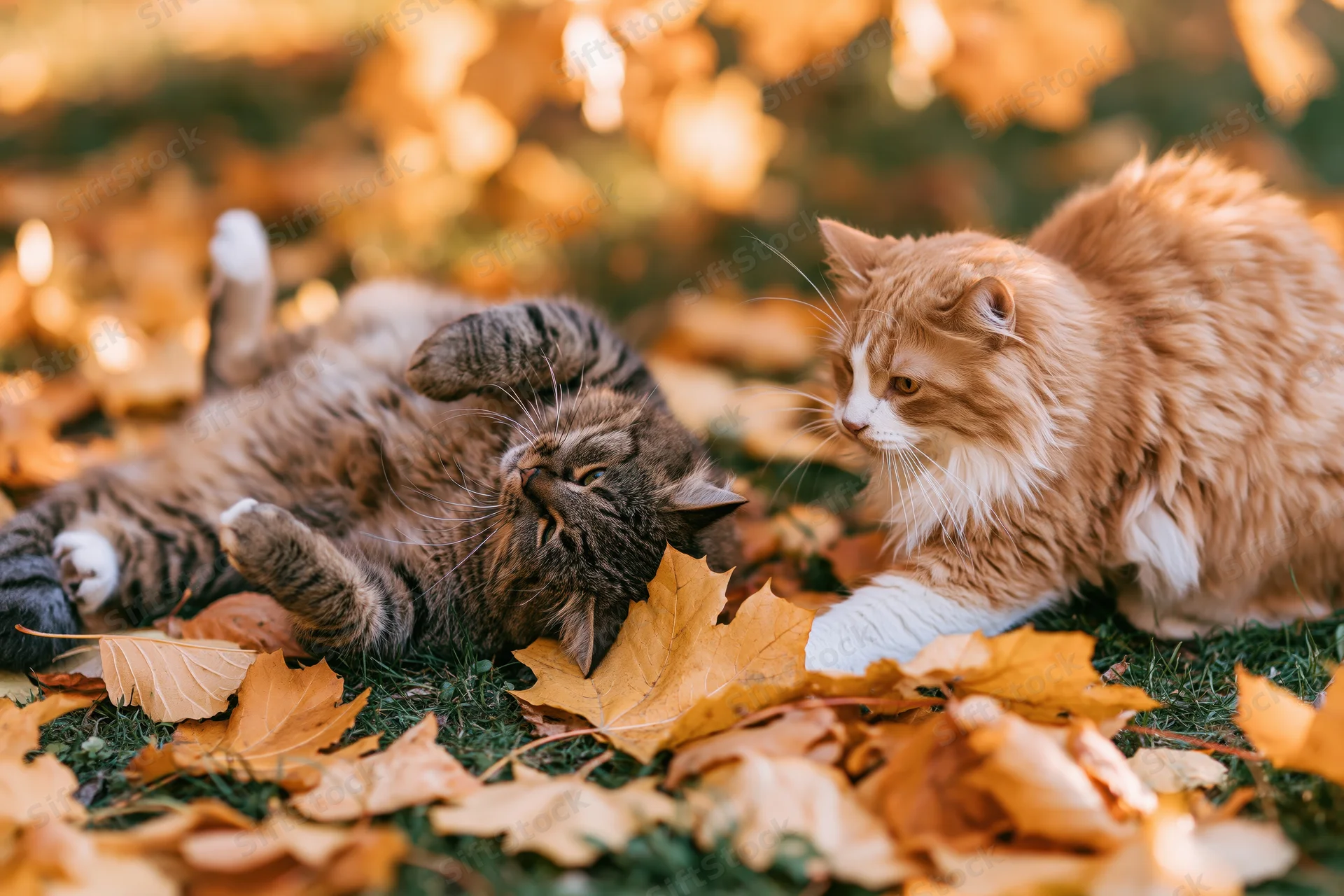 Two domestic cats playing on autumn grass covered in fallen leaves