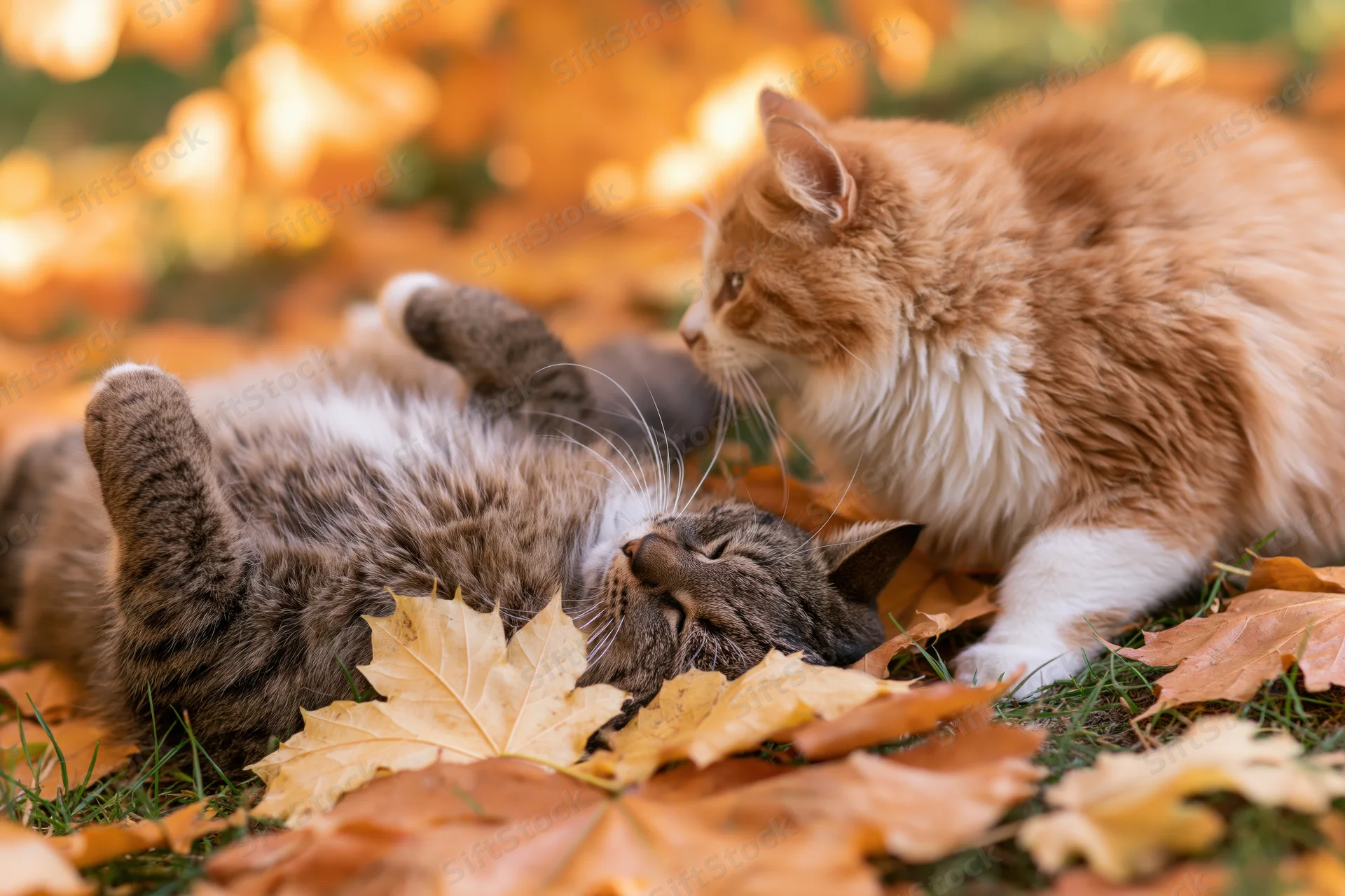 Two domestic cats playing and resting on autumn ground covered in fallen leaves