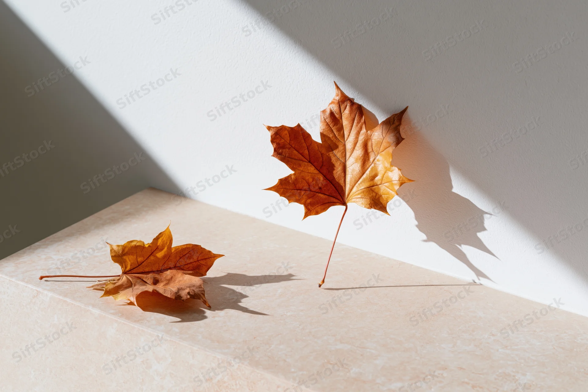 Two dried amber maple leaves resting on a pale beige surface in sunlight
