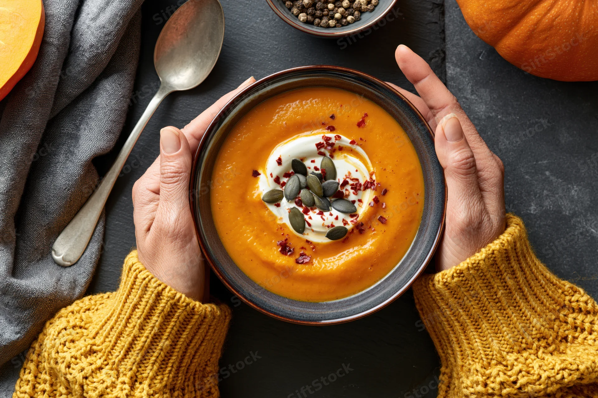 Hands in a yellow knit sweater holding a bowl of pumpkin soup on a dark table