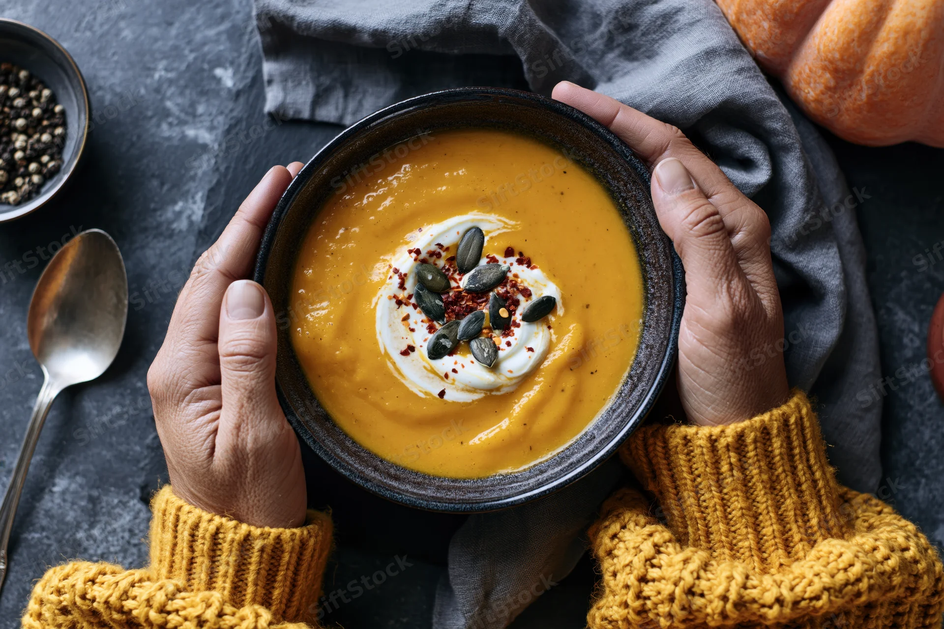 Hands in a mustard-yellow knit sweater holding a bowl of pumpkin soup with cream and seeds on a dark table