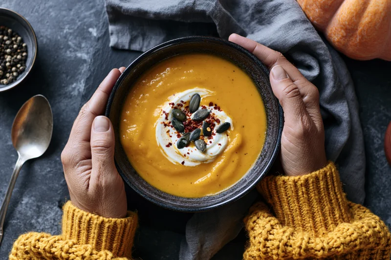 Hands in a mustard-yellow knit sweater holding a bowl of pumpkin soup with cream and seeds on a dark table