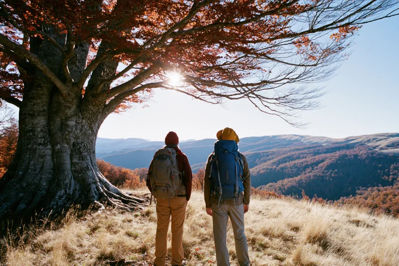 Two hikers with backpacks standing beneath a massive ancient tree overlooking a mountainous autumn landscape
