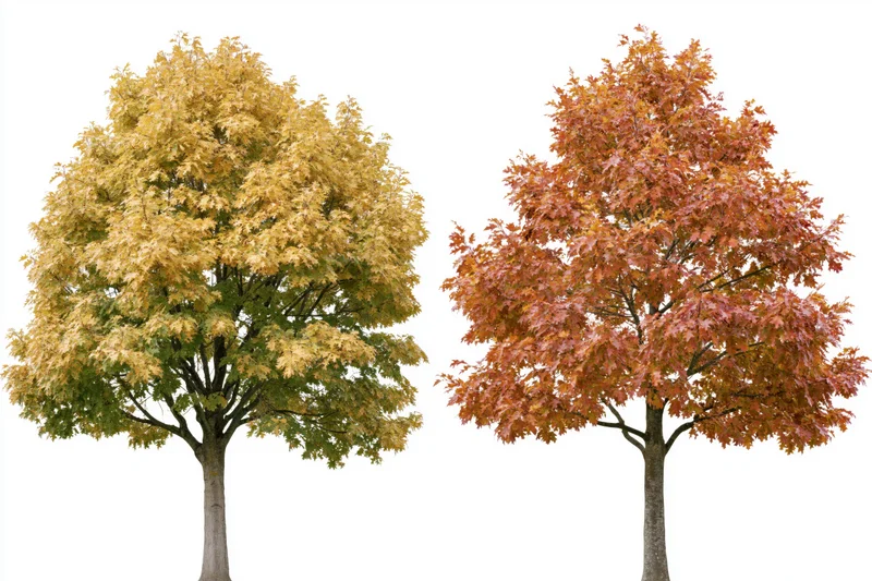 Two deciduous trees with autumn foliage in yellow and orange hues against a white background