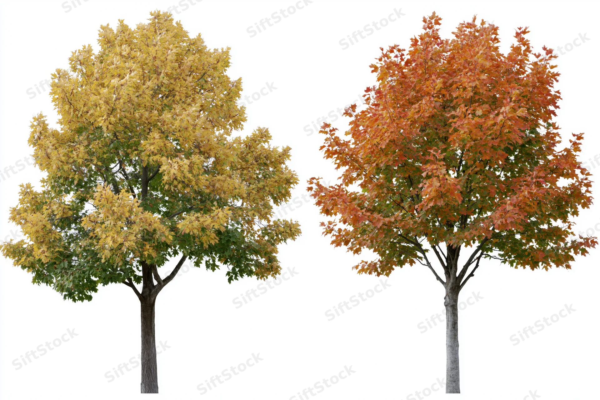 Two deciduous trees with autumn foliage in yellow and orange hues isolated on white background