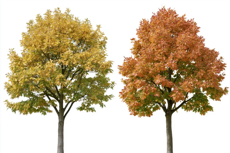 Two deciduous trees with autumn foliage in yellow and orange hues isolated on white background