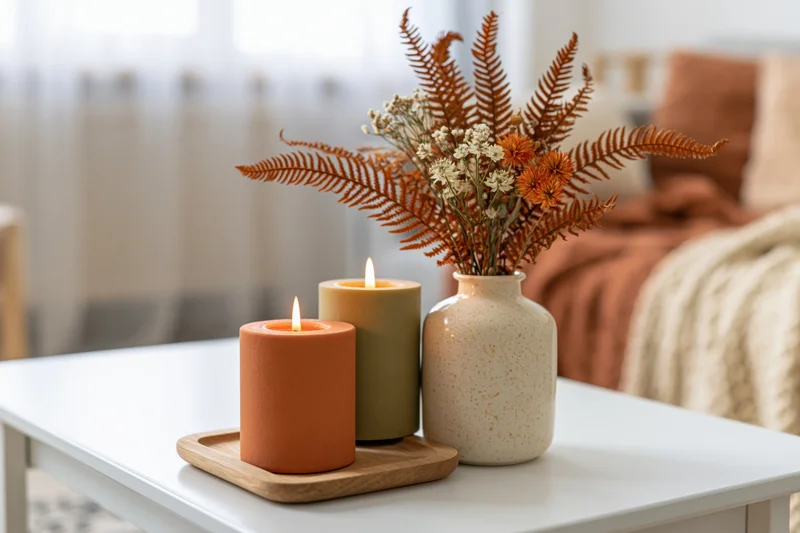 Two lit candles in terracotta and olive tones on a wooden tray beside a ceramic vase with dried ferns and flowers on a white coffee table in a bedroom