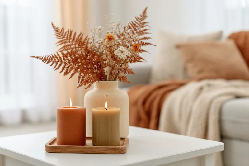 Two lit candles in terracotta and olive tones on a wooden tray with a ceramic vase of dried ferns and flowers on a white coffee table in a cozy living room
