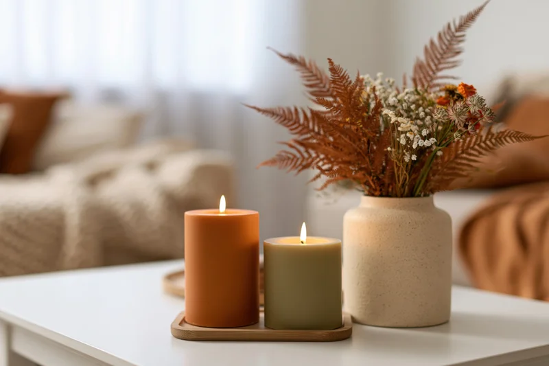 Two lit candles in terracotta and olive tones on a tray beside a vase of dried ferns and flowers on a white table in a living room