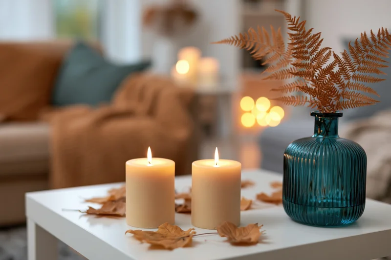 Two lit candles and dried fern in a teal vase on a white coffee table with autumn leaves, in a cozy living room setting