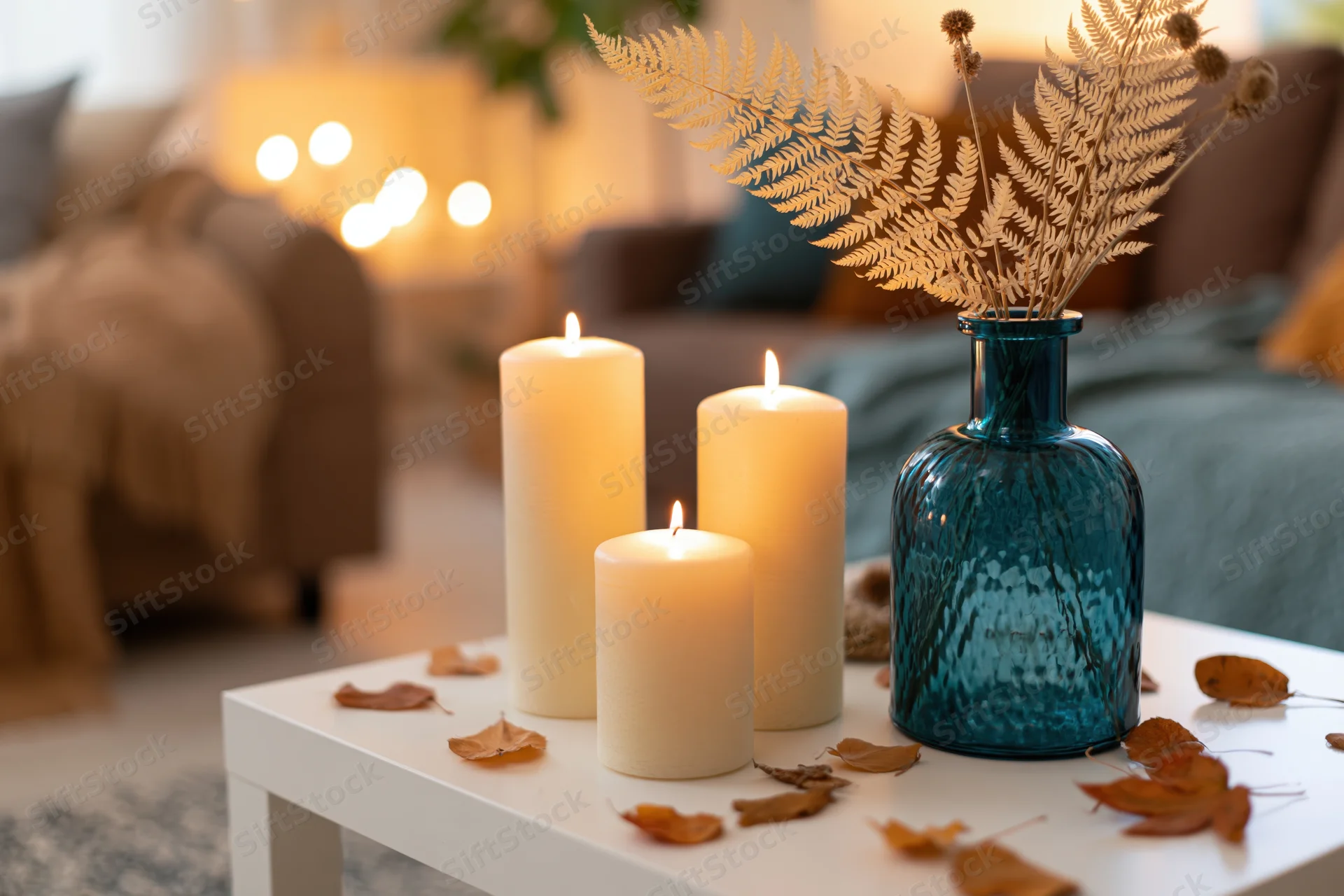 Three lit candles and a teal vase with dried ferns on a white coffee table in a cozy living room with autumn leaves and soft background lights
