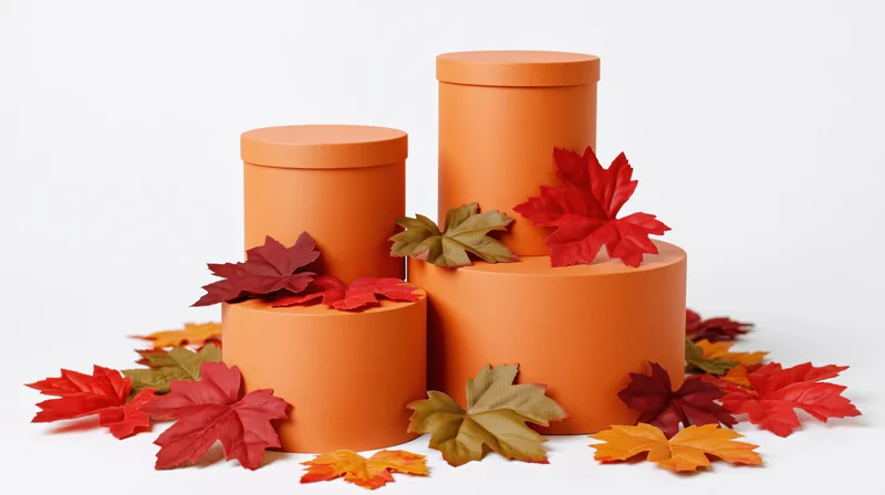 Matte orange cylindrical pedestals arranged with autumn maple leaves on white background