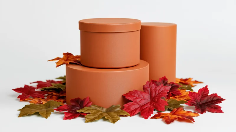 Matte orange cylindrical pedestals stacked with autumn maple leaves on white background