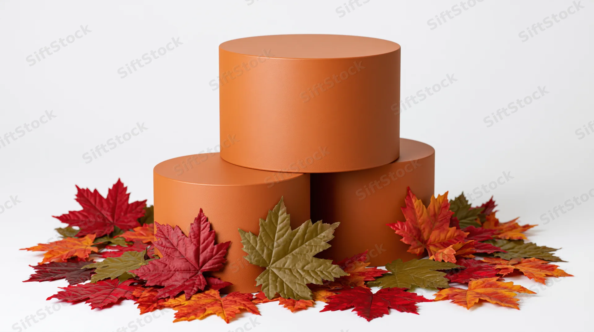 Three matte orange cylindrical pedestals arranged in a tiered display surrounded by colorful autumn maple leaves on a white background