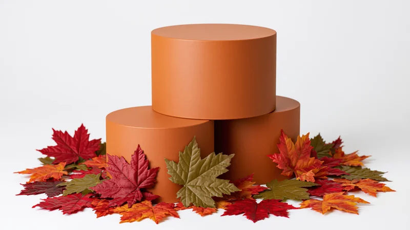 Three matte orange cylindrical pedestals arranged in a tiered display surrounded by colorful autumn maple leaves on a white background