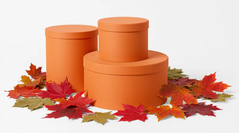 Three matte orange cylindrical pedestals arranged with autumn maple leaves on white background
