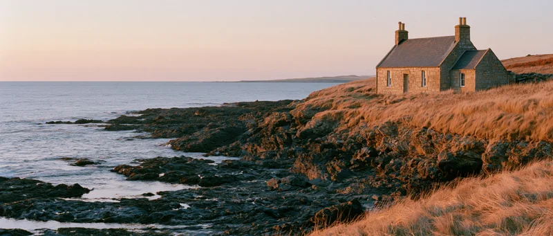 Stone cottage on grassy cliff overlooking ocean at sunset
