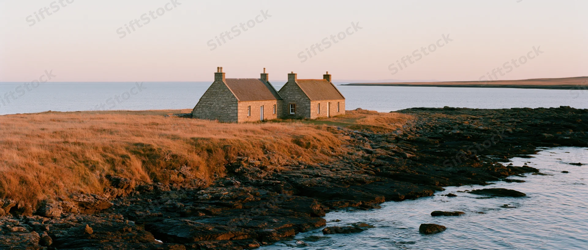 Two stone cottages on a grassy coastal cliff overlooking the ocean at sunset