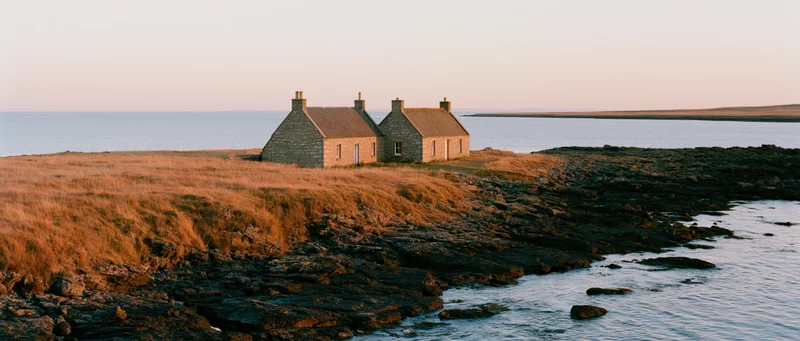 Two stone cottages on a grassy coastal cliff overlooking the ocean at sunset