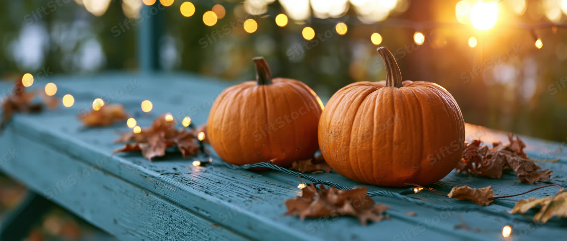 Two orange pumpkins on a weathered teal wooden table with string lights and dried leaves at twilight