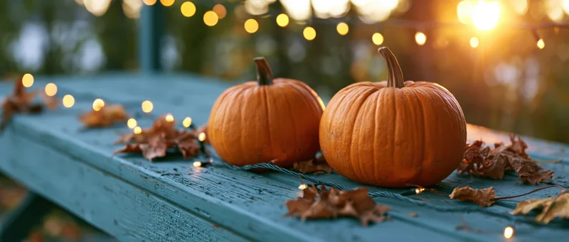Two orange pumpkins on a weathered teal wooden table with string lights and dried leaves at twilight