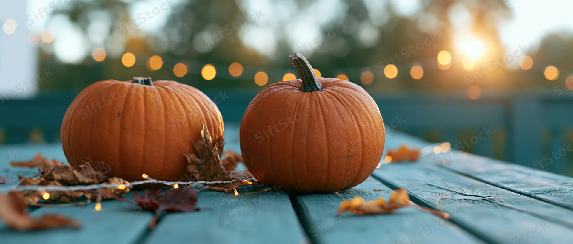 Two pumpkins resting on a weathered wooden table outdoors at sunset with string lights and autumn leaves around
