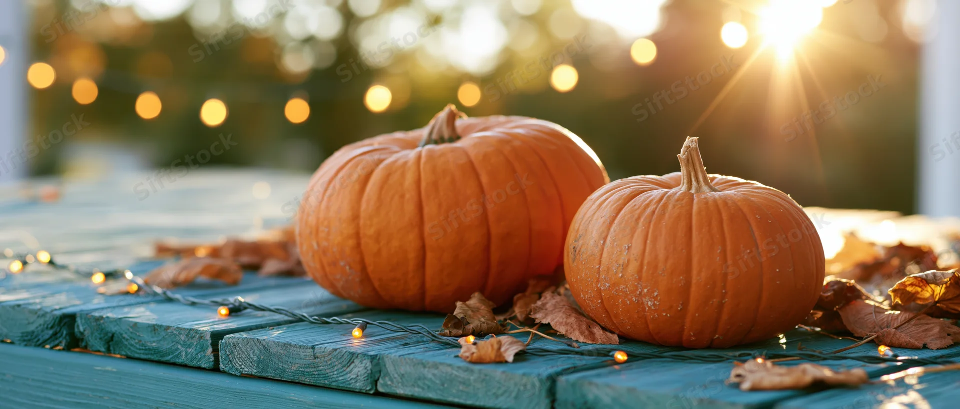 Two orange pumpkins of different sizes resting on a weathered teal wooden table with string lights and dried leaves at sunset