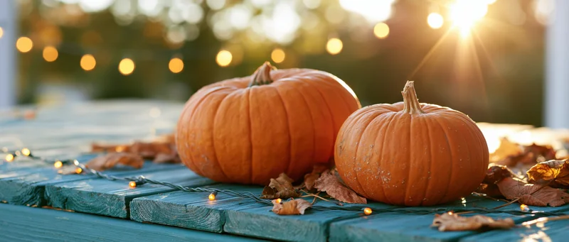 Two orange pumpkins of different sizes resting on a weathered teal wooden table with string lights and dried leaves at sunset