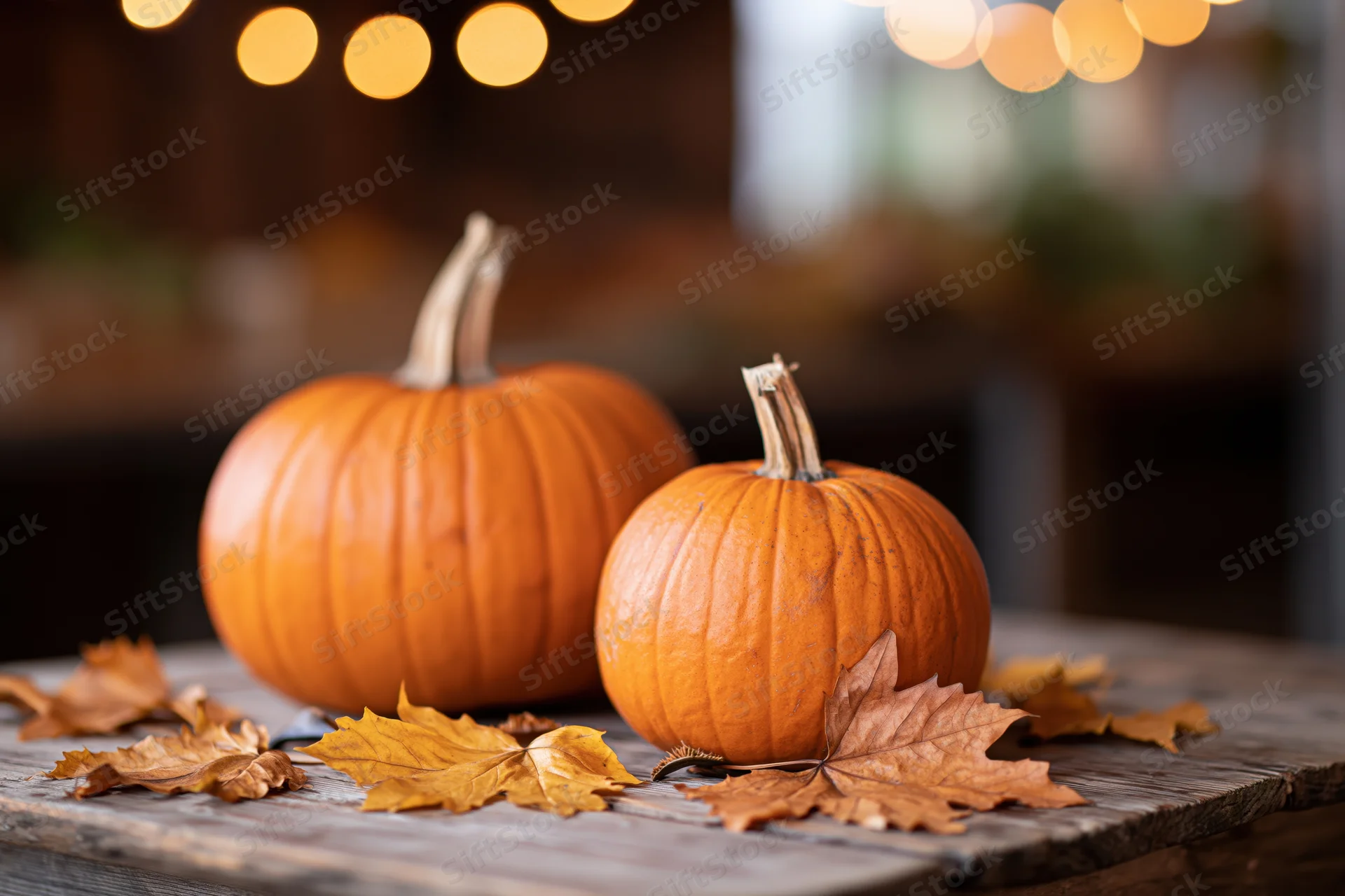 Two orange pumpkins with dried autumn leaves on a wooden table under string lights