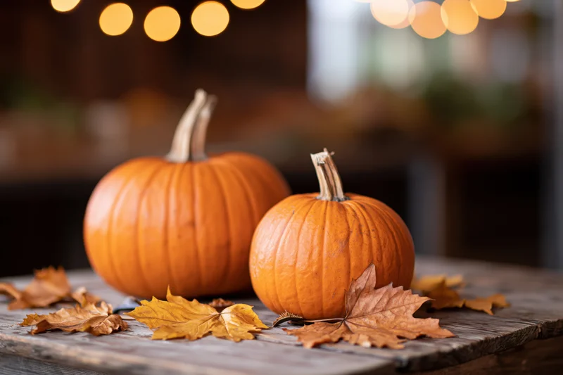 Two orange pumpkins with dried autumn leaves on a wooden table under string lights
