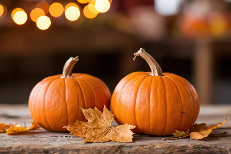 Two orange pumpkins with dried autumn leaves on a wooden table