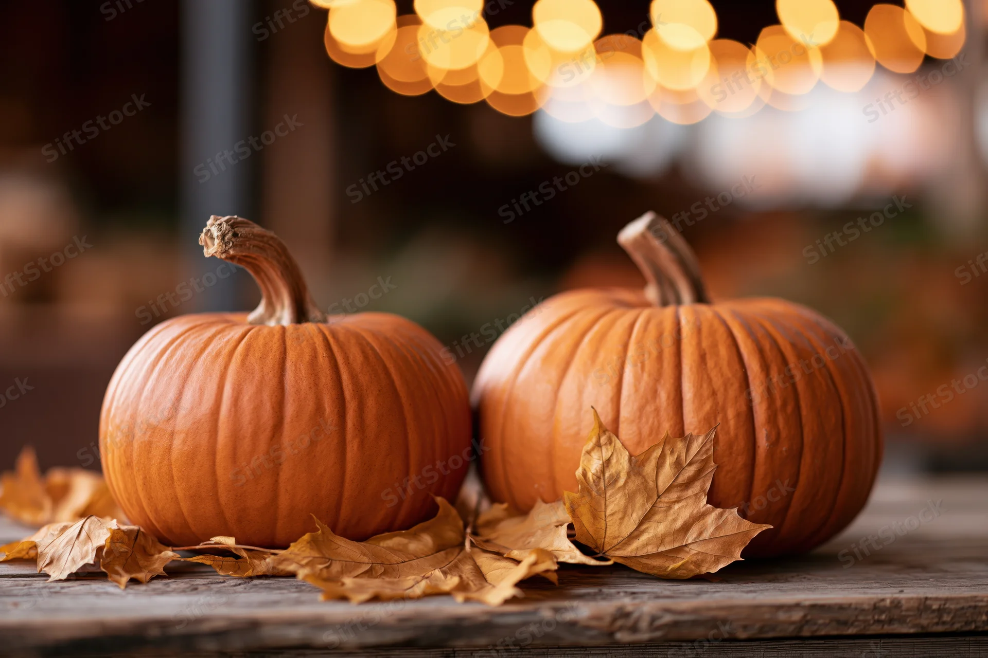 Two orange pumpkins with dried autumn leaves on a wooden table under warm string lights