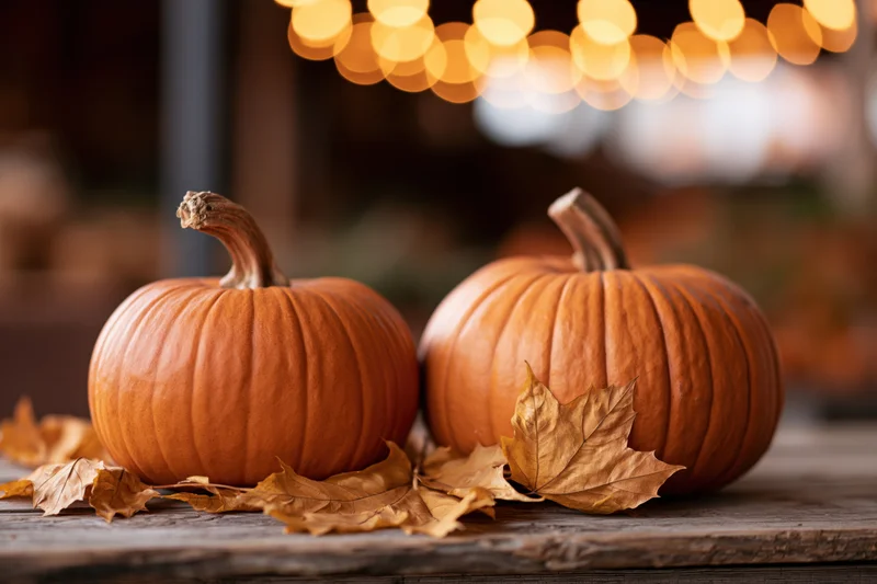 Two orange pumpkins with dried autumn leaves on a wooden table under warm string lights