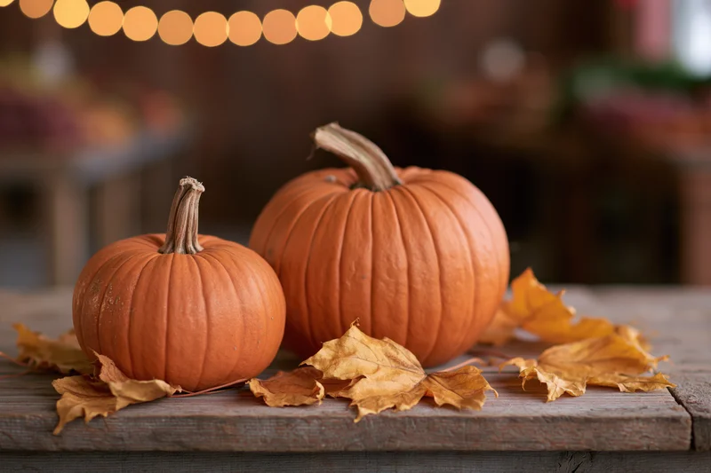 Two orange pumpkins with dried autumn leaves on a wooden table under string lights