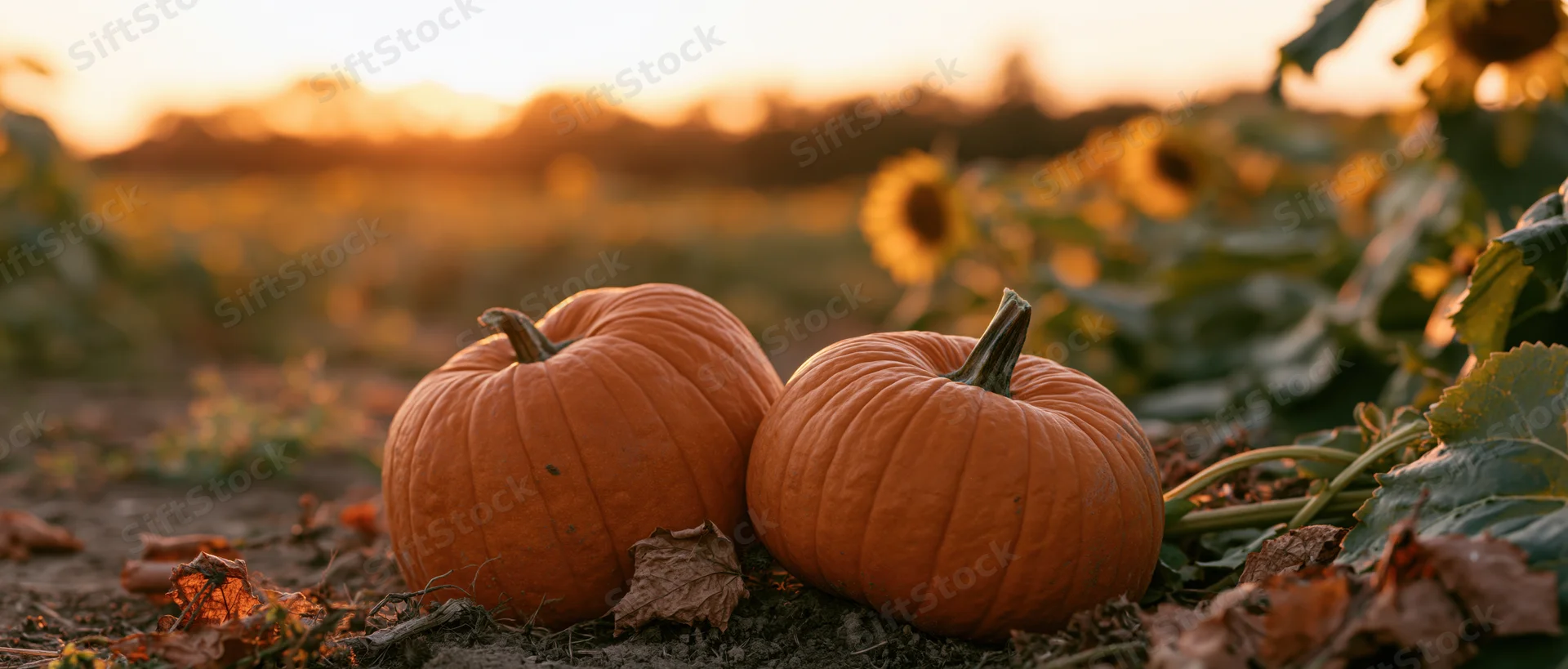 Two orange pumpkins resting on soil among sunflowers in a field at sunset