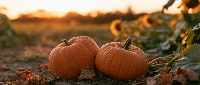Two orange pumpkins resting on soil among sunflowers in a field at sunset