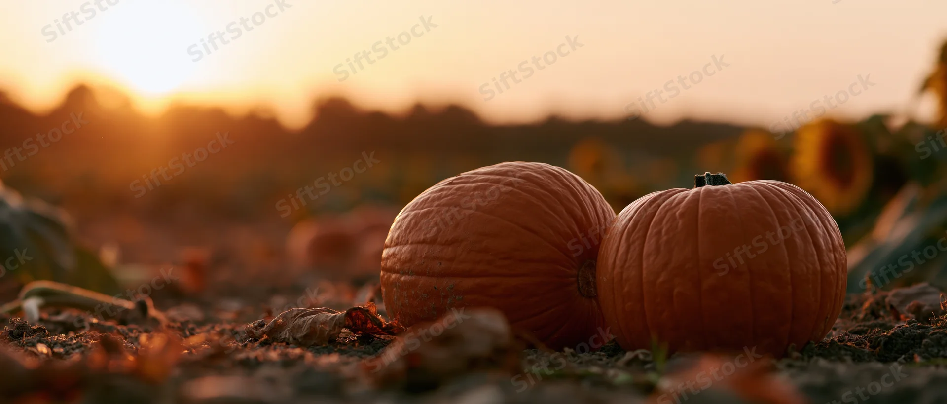 Two pumpkins resting on soil among sunflowers in a field at sunset
