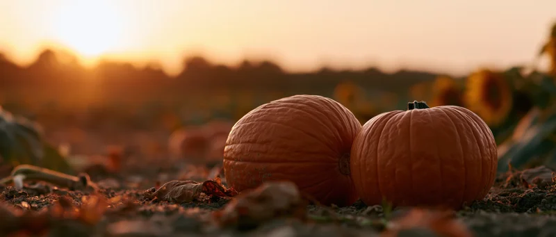 Two pumpkins resting on soil among sunflowers in a field at sunset