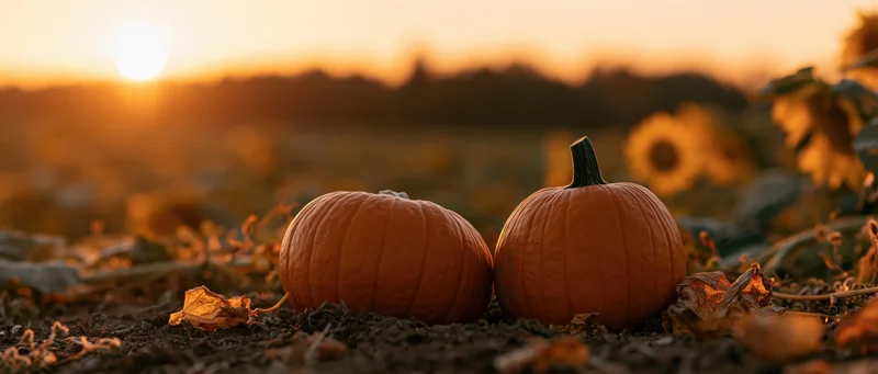 Two pumpkins resting on soil among sunflowers at sunset in a field